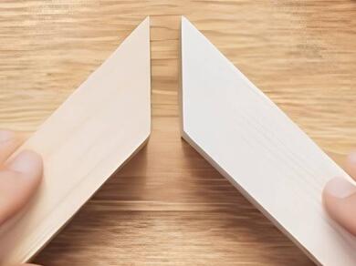 Two angled wood moulding pieces positioned to form a mitre joint before assembly.